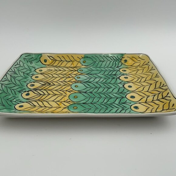 Rectangular Ceramic Trinket Dish with Yellow and Green Feathers - Picture 3 of 6